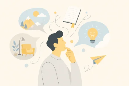 Illustration of a person thinking, ideas branching into thought bubbles